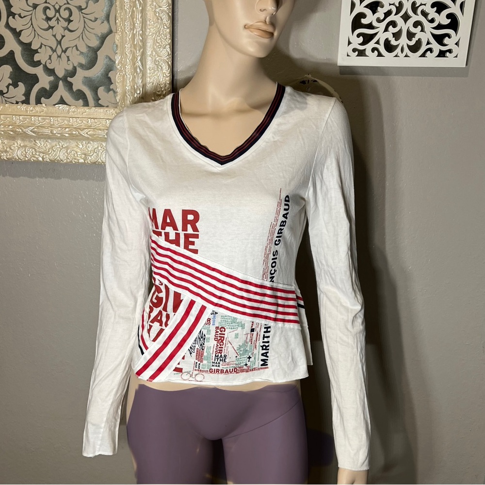 Marithe Francois Girbaud White and Red Long Sleeve Tee